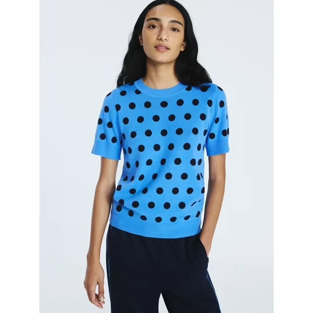NEW Free Assembly Blue Polka Dots Shrunken Short Sleeve Knit Sweater Tee Size S
